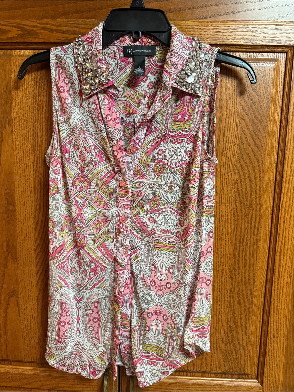 INC International Concepts Pink Paisley Sleeveless Blouse with Jeweled Collar